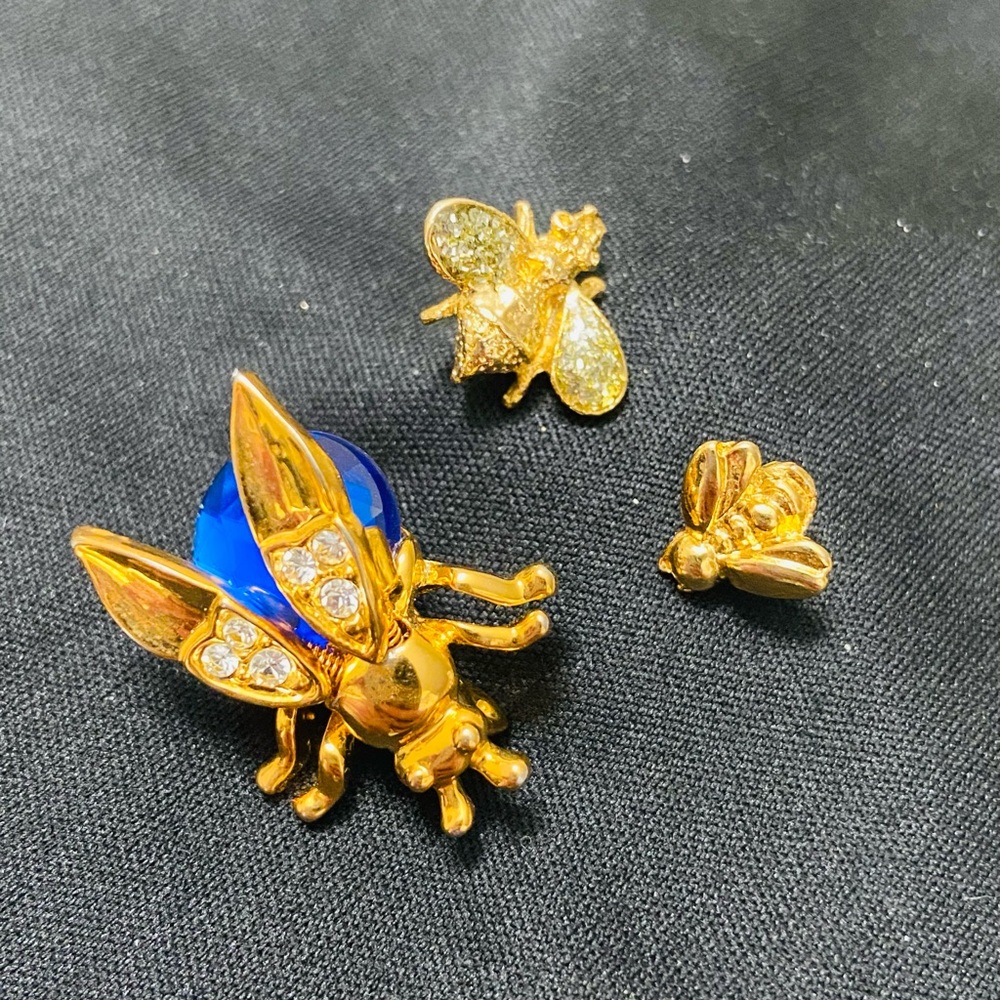 3-Piece Set - Gold and Blue Insect Brooch Set